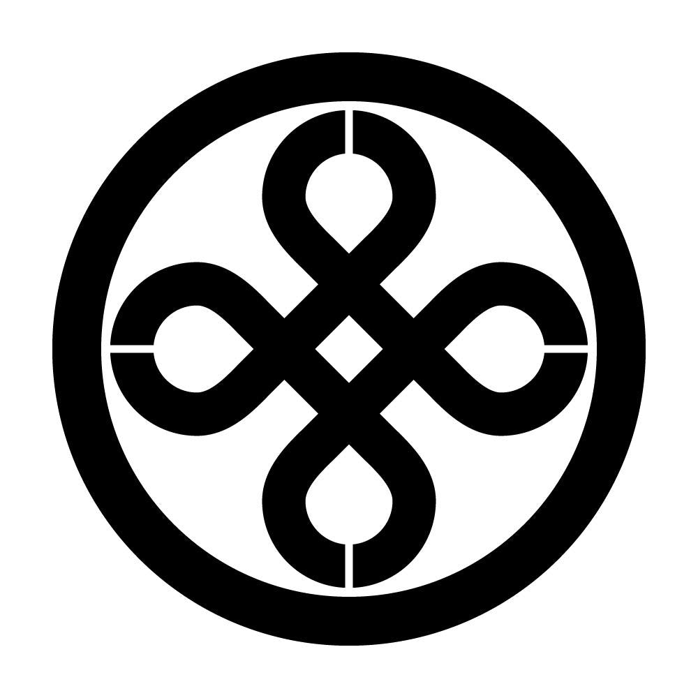 丸に隅立て結び井筒紋