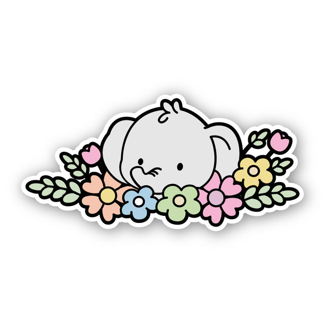 お花に囲まれた赤ちゃんゾウ
